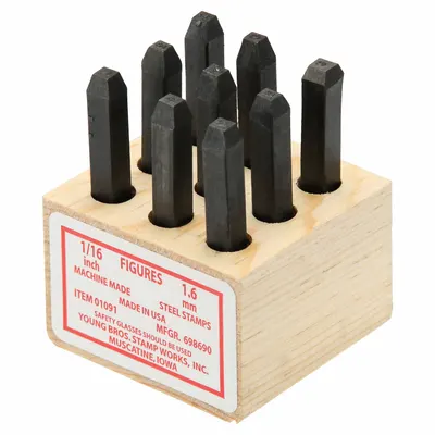 YOUNG BROS. STAMP WORKS Hand Stamp Kit: 0 thru 9 (6 doubles as 9), 1/16 in Character Ht - Sharp-Face Hand Stamps