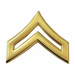 Gold metal chevron rank insignia for Corporal, measuring 1 inch. Features a clutch pin attachment for secure fastening to uniform fabric. Sold as a pair (1 PR). Suitable for military, law enforcement, or uniformed service dress to indicate rank.