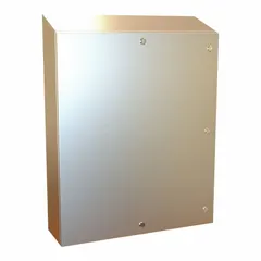 This 304 stainless steel enclosure measures 36 x 30 x 8 inches and is rated NEMA 12/13/3R/4/4X for protection against dust, water, and corrosion. It features a hinged door with a 1/4-turn latch closure. Knockouts are not included. Typical applications include housing electrical controls, terminals, and instruments in industrial plants, food processing areas, and washdown environments.