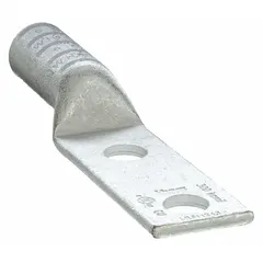 This two-hole compression lug is designed for terminating 300 kcmil stranded copper wire. It features a long copper barrel and a 3/8 in stud size, with no inspection hole. Suitable for use in electrical connections requiring a secure crimp termination.