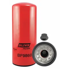 Spin-on fuel filter with M90 x 2.0 thread size and 4 3/4 in outside diameter. Constructed with cellulose media and integral gasket. Used in diesel engine fuel systems to remove contaminants.