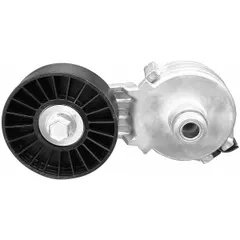 Self-adjusting belt tensioner with one pulley, 3 1/2 in outside diameter. Automatically maintains proper tension on serpentine or accessory drive belts in automotive engines.