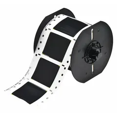 Precut polyolefin sleeve label roll for permanent wire and cable identification. Black matte finish, 1 in x 2 in size, designed for 2 AWG wire gauge. Compatible with Brady i3300 printer series. Suitable for industrial control panels, electrical installations, and maintenance marking.
