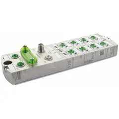 Surface-mount industrial Ethernet switch with 10 M12 ports supporting Gigabit (1000 mbps) network interfaces. Features Auto-Crossover and IP67 rating for protection against dust and moisture. Maximum input voltage 30V DC. Suitable for industrial networking in harsh environments.