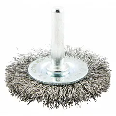 Crimped steel wire wheel brush for light cleaning and surface preparation on carbon steel. Removes rust, scale, and light burrs without damaging base material. Suitable for maintenance, fabrication, and metalworking applications. Specifications: 2" diameter, 3/8" width, 1/4" shank, 0.008" fill.