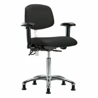 This vinyl cleanroom task chair is designed for ISO 5 environments and ESD-safe applications. It features an aluminum base, 19-inch seat width, adjustable height from 21 1/2 to 29 inches, and includes arms. The chair offers back tilt forward 10.5°, back tilt backward 13.5°, seat tilt forward 8°, and seat tilt backward 3°