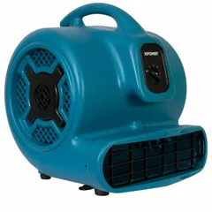 Centrifugal blower with 3/4 hp motor, 115V AC, three selectable speeds, and polypropylene housing. Fixed-frame design for industrial air movement, ventilation, and drying applications.
