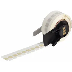 Precut label roll of 1/4 in x 1/4 in polyimide labels with permanent adhesive. Compatible with M610 printer series. Used for industrial identification and labeling in harsh environments, such as circuit boards, components, and equipment marking.