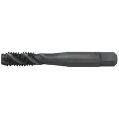 This spiral-flute tap is designed for threading blind holes in general-purpose machining applications. The spiral flute design evacuates chips upward to prevent clogging. It features a semi-bottoming chamfer, 3 flutes, and a thread tolerance of H7 / 2B. Thread size: 5/16"-24 UNF.