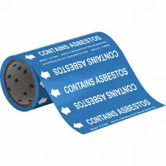 Blue adhesive pipe marker with white legend reading 'Contains Asbestos' and directional arrows. Designed for pipe outer diameters of 2 inches and smaller. Each roll contains 30 markers for identifying asbestos-containing pipes in industrial, commercial, and facility piping systems.