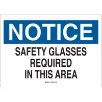 This adhesive sign is made of polyester and measures 3 1/2 inches by 5 inches. It is not retroreflective, not glow-in-the-dark, and has no anti-slip surface. The sign is mounted via adhesive backing and is used to post safety notices requiring eyewear in industrial areas