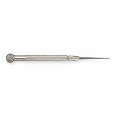 This single-end scriber features a round, knurled, nonmagnetic steel body with a pointed, removable steel tip. It is used for marking lines on metal, plastic, or wood surfaces in layout work, machining, and fabrication.