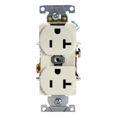 General-purpose duplex receptacle rated 125V AC, 20A, NEMA 5-20 configuration (2-pole, 3-wire grounding). Light almond finish. Suitable for powering standard 125V AC equipment in residential, commercial, and light industrial settings.