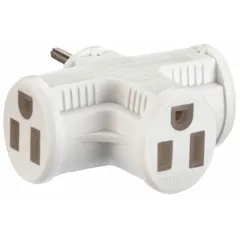 This plug adapter converts a single wall outlet into three outlets, rated for 125V AC. It is designed for indoor use with standard North American receptacles, expanding outlet capacity for multiple low-power devices such as chargers and lamps.