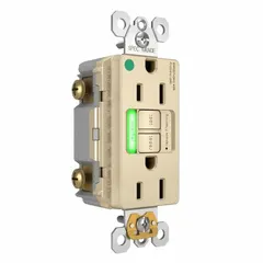 This hospital-grade duplex GFCI receptacle is rated 125V AC, 15 A, 2-pole/3-wire with a 5-15R configuration. It provides ground fault protection in a standard duplex form factor, suitable for use in healthcare facilities and other areas requiring enhanced electrical safety.