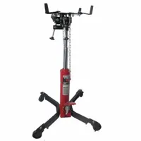 Hydraulic transmission jack with 1,100 lb load capacity, steel frame, manual handle lifting actuator, and chain securing mechanism. Used to lift, position, and support heavy transmissions during removal or installation in automotive and fleet maintenance settings