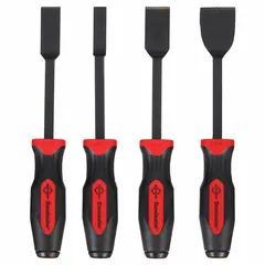 This gasket scraper set includes three tools with chrome vanadium steel blades and polypropylene handles. The stiff blades are designed for removing gaskets, adhesives, and sealants from flat surfaces in automotive and industrial maintenance tasks.