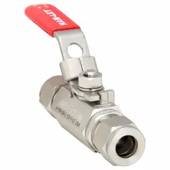This two-piece ball valve features a straight-body design with sweat x sweat connections. Constructed from 316 stainless steel, it includes a locking lever handle for secure on/off flow control. Suitable for use in plumbing and HVAC systems requiring corrosion resistance.