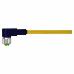 Single-ended cordset with a yellow TPE jacket for heaviest-duty applications. Features an M12 female right-angle connector on one end and bare wire on the other, with 4 pins, 10 m cable length, 4 A max current, and wire sizes of 18 AWG/19 AWG. Rated IP65 for protection against dust and water jets. Suitable for connecting sensors, actuators, and automation equipment in harsh industrial environments.