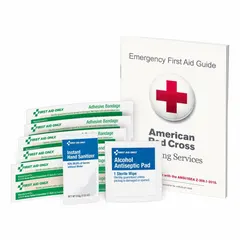 This bulk partial refill is designed for industrial first aid cabinets, serving up to 5 people. It contains (5) adhesive bandages and (2) alcohol wipes for minor wound care. The kit is latex-free and OSHA compliant, but not ANSI compliant or water resistant. Compatible with cabinet part number 1050-RC-0103.