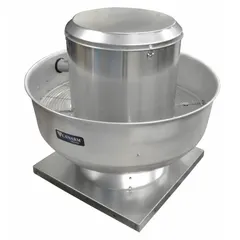 Wall-mounted belt-drive kitchen exhaust fan with square base, assembled with drive package. Features a 13 1/2 in wheel, 1/4 hp open dripproof high-efficiency motor, 115 V, 1,204 cfm. Designed for high-static-pressure applications exhausting grease-laden air from commercial cooking areas.