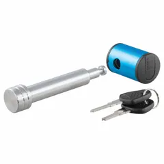 This receiver lock is constructed from steel with a chrome-plated finish in silver. It includes two keys and is designed to secure a trailer hitch receiver, preventing theft of the hitch or ball mount in towing applications.