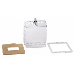 This plastic thermostat guard features a clear hinged cover with a solid base and double-wall construction. It includes a lock and key for tamper resistance. Inside dimensions are 4-2/3 in H x 5-1/3 in W x 3-1/3 in D; outside dimensions are 5-4/5 in H x 6-5/9 in W x 3-1/3 in D. Suitable for protecting thermostats in commercial or public areas where visibility and security are needed.