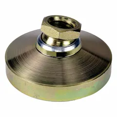 Steel swivel female leveling mount with a 3 in base and 3/4"-10 thread size. Yellow zinc-plated finish. Load capacity 7,200 lb. Used for leveling and supporting machinery and equipment on uneven floors.