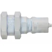 Steel hydraulic quick-connect coupling plug for ISO B Series systems. Features 7/16"-20 thread size, 3 lpm max flow rate, and nitrile seal material. Used in fluid power systems for quick tool-free connection and disconnection of hydraulic lines in industrial machinery and mobile equipment