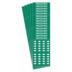 Adhesive pipe marker for identifying process water lines. Green background with white legend and flow-direction arrows. Fits pipes with outside diameter of 3/4 inch and smaller. Pack of 5 markers.