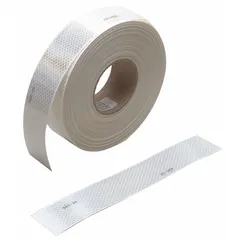 White reflective tape with acrylic adhesive, measuring 2 inches wide by 12 inches long. Designed for use on trucks and trailers to enhance nighttime visibility and meet regulatory marking requirements.