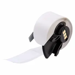 Nylon precut label roll in blue on white, green on white, and red on white. Measures 2 1/2 in x 1 in. Compatible with BMP61 printer series; requires M61-R4310 ribbon. Used for wire, cable, pipe, and hose identification in industrial settings.