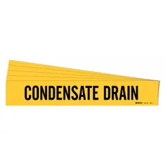 Yellow adhesive pipe marker with black legend reading 'Condensate Drain'. Designed for pipe outer diameters from 2-1/2 to 7-7/8 inches. Sold in a pack of 5 markers without arrows. Used to identify condensate drain lines in piping systems.
