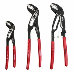 This three-piece tongue and groove plier set features push-button adjustment for quick jaw positioning. Serrated jaws provide secure grip on pipes, fittings, and fasteners. Max jaw openings of 1 1/2 in, 2 3/4 in, and 3 3/10 in accommodate various workpiece sizes. Suitable for gripping and turning tasks in industrial maintenance and assembly.