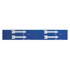 This pipe marker is used to identify pipe contents and indicate directional flow in industrial facilities. It features a blue background with white legend text and a directional arrow. Made of vinyl, it is non-reflective and supplied on a 7 in roll width.
