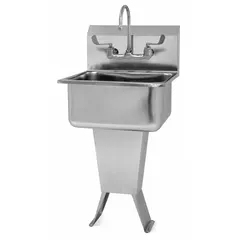 This one-station freestanding hand sink with faucet is constructed of 18-gauge stainless steel. It features a 19-inch bowl length and 10-inch bowl depth, with a 2 gpm flow rate faucet. Suitable for commercial kitchens, food service areas, and healthcare facilities requiring hand washing stations.
