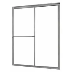 This double-sliding shower door from FOREMOST features clear tempered glass for safety and a sleek appearance. It fits openings with a maximum width of 48 inches and a minimum width of 44 inches, with an overall height of 70 inches. Suitable for residential bathroom installations.