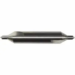 Double-end plain-tip center drill with #2/0 size, 90° angle, and 1 1/2 in overall length. Made of AlTiN coated carbide for wear resistance. Used to create conical starting holes in workpieces for lathe turning or grinding operations, ensuring accurate alignment between centers.
