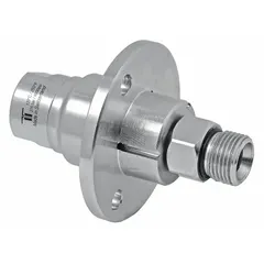 This nickel-plated C38500 brass rotating joint transfers compressed air from a stationary supply line into rotating machinery. It features a single passage, a 3/8 in stationary port, a carbide seal, and a maximum speed of 2000 RPM. Suitable for industrial air systems requiring continuous rotation.