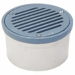 Area drain with a PVC body and cast iron grate, 5 5/16 in grate size, 4 in nominal pipe size. Used for collecting and removing surface water in commercial and industrial floor drainage applications such as parking garages, loading docks, and utility rooms.
