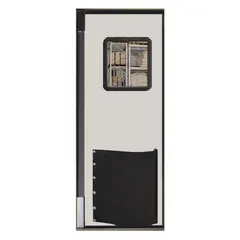 Gray polyethylene insulated swinging door with one leaf, 7 ft high by 2 1/2 ft wide. Includes polycarbonate window, door seals, bumpers, and mounting hardware. Meets USDA standards. Suitable for temperature-controlled environments requiring thermal efficiency and hygiene.