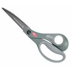 Right-hand offset plastic-handle scissors with an 8-inch overall length. Features a straight, pointed blade with titanium-bonded coating and gray finish. Rubber handles provide grip. Suitable for cutting tasks in industrial, textile, and crafting applications.