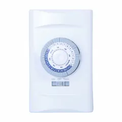 Electromechanical timer with integrated wall plate for automatic control of lighting, fans, or other electrical loads. SPST switch rated 125V AC, with a 30-minute minimum and 24-hour maximum timing range. White finish, no hold feature.