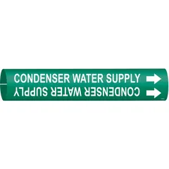 Green snap-on pipe marker with white legend 'Condenser Water Supply' and directional arrows. Fits pipe outer diameter from 3/4 to 1-3/8 inches. Used to identify condenser water supply lines in HVAC and industrial piping systems.