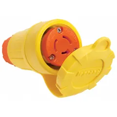 This PASS & SEYMOUR connector is a 3-pole, 20 A, 125/250V AC general purpose connector in a yellow housing. It is used for industrial and commercial power connections requiring a secure locking interface. Suitable for equipment needing 125/250V AC and 20 A in manufacturing, maintenance, and facility power distribution.