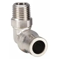 This nickel-plated brass elbow fitting connects 1/2 in OD tubing to a 3/8 in male NPT port via a push-to-connect mechanism, providing a secure, leak-free joint without tools. Suitable for pneumatic and fluid systems in industrial automation, packaging, and material handling applications
