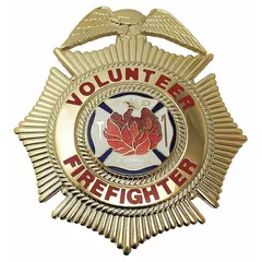 Metallic badge with a Volunteer Firefighter Cross design. Measures 2 1/2 in x 3 in, gold finish, metal construction. Attaches via pin and safety catch. Suitable for identification on uniforms or apparel.