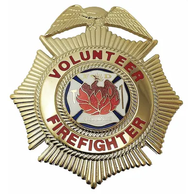 HEROS PRIDE Metal Badge: Volunteer Firefighter - Cross, 2 1/2 in x 3 in, Gold, Metal - Metallic Badges