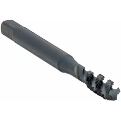 General purpose spiral-flute tap for threading blind holes. Features H3 / 3B tolerance, semi-bottoming chamfer, and black oxide cobalt finish. 3-flute design aids chip evacuation in ferrous and non-ferrous materials. Suitable for steel, stainless steel, and aluminum.