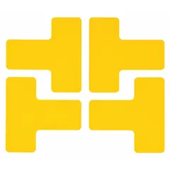 This T-shaped floor marking tape is made of solid yellow polyester with no legend, measuring 2 inches by 5 inches per piece. Each piece has an 8 mil thickness, and the tape is supplied in a 20-pack. It is used for marking aisles, hazard zones, and equipment boundaries in industrial facilities.
